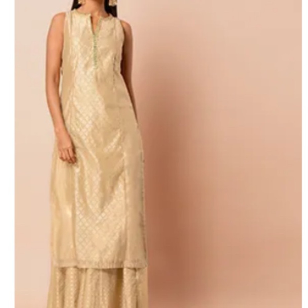 Indya Beige & Gold Foil Chanderi Kurta | Sleeveless Ethnic Top | Size Medium